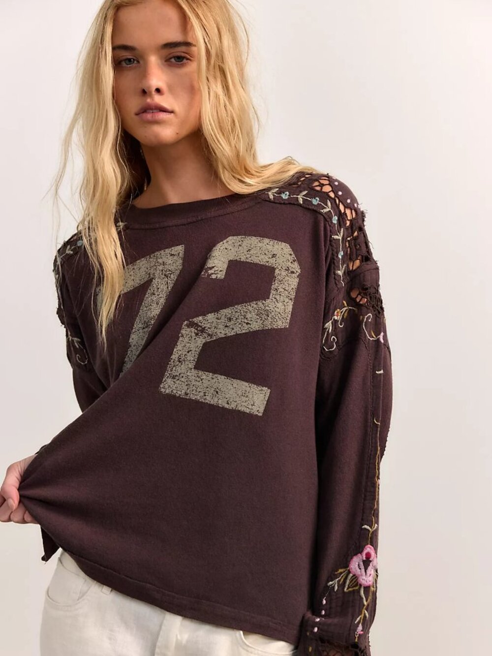 FREE PEOPLE We The Free Embroidery Lilith Tee In Chocolate (size XL) NWT